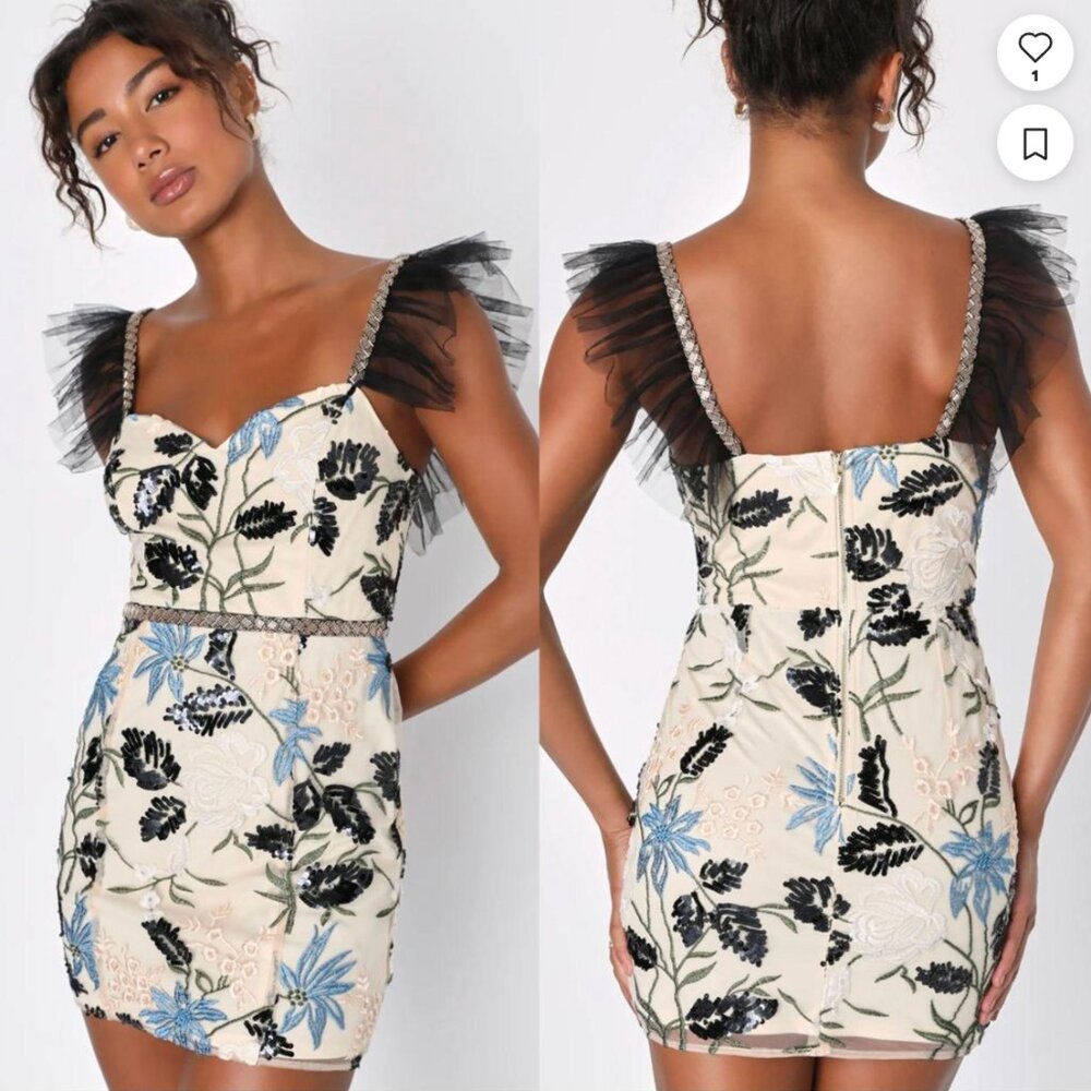 Lulus Women's Show Stopper Embroidered Sequin Bodycon Midi Dress LV5 Cream M